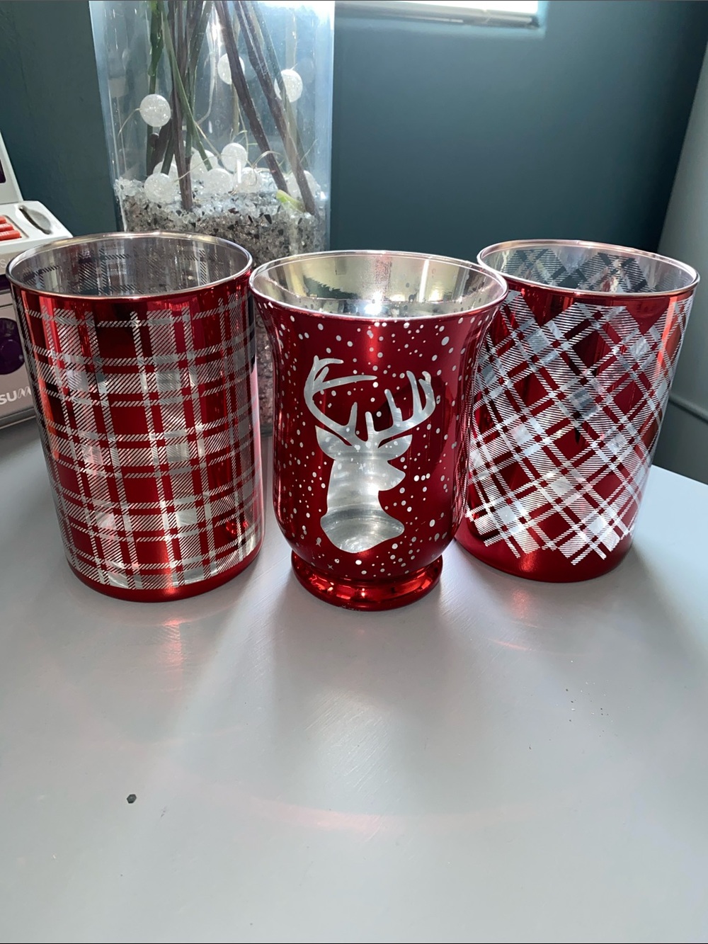Festive Red Plaid & Reindeer Votive Candle Holders - Set of 3